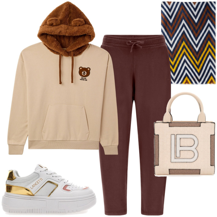 Outfit donna - Total look #1999099. Stile Casual per Tutti i giorni. Abbinamento con felpe con cappuccio, pantaloni, sneakers, borse a spalla, sciarpe.