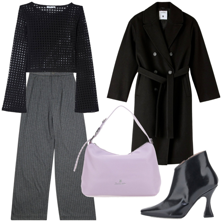 Outfit donna - Total look #1999102. Stile Chic per Ufficio. Abbinamento con maglieria, cappotti, pantaloni, borse a mano, stivaletti.