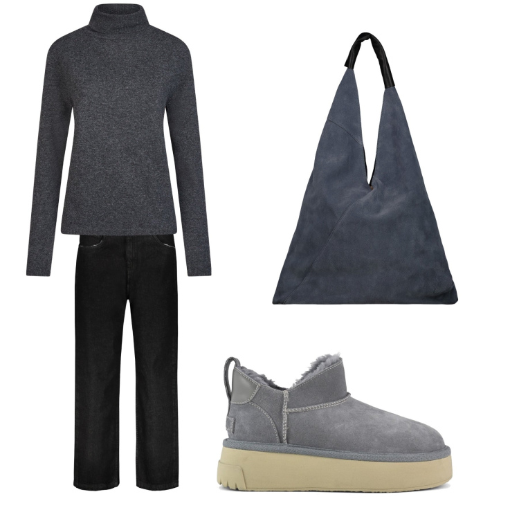 Outfit donna - Aperitivo. Stile Trendy per Tutti i giorni. Abbinamento con stivali, jeans, borse a spalla, maglieria.