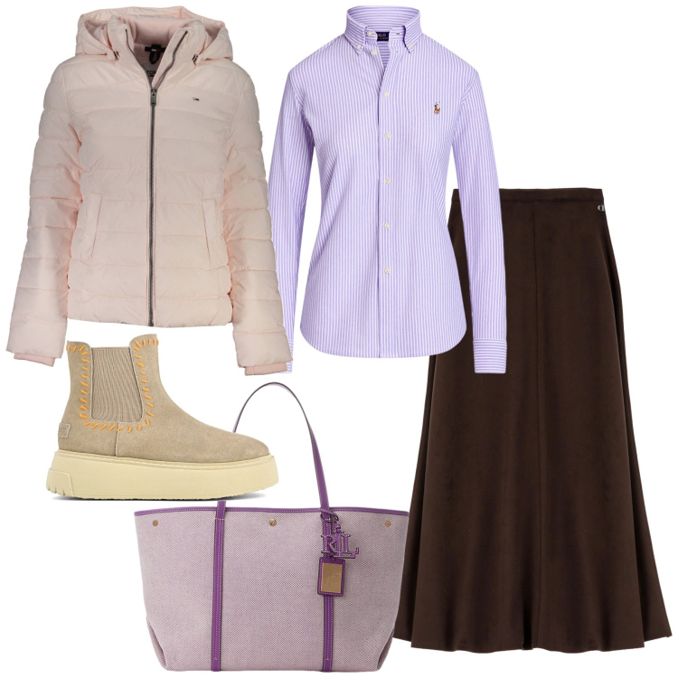 Outfit donna - Sabato spesa. Stile Bon Ton per Tutti i giorni. Abbinamento con gonne longuette, camicie, borse tote, stivaletti, blazer.