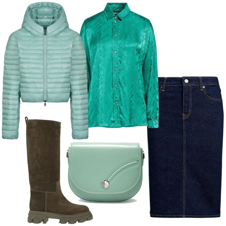 Outfit donna - Verde acqua. Stile Bon Ton per Tutti i giorni. Abbinamento con stivali, camicie, gonne, piumini, borse a tracolla.
