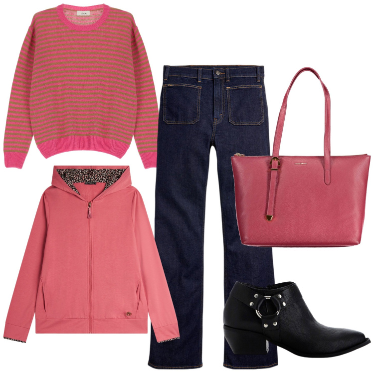 Outfit donna - Rosa forte. Stile Casual per Tutti i giorni. Abbinamento con felpe con cappuccio, maglieria, stivaletti, jeans bootcut, borse a spalla.
