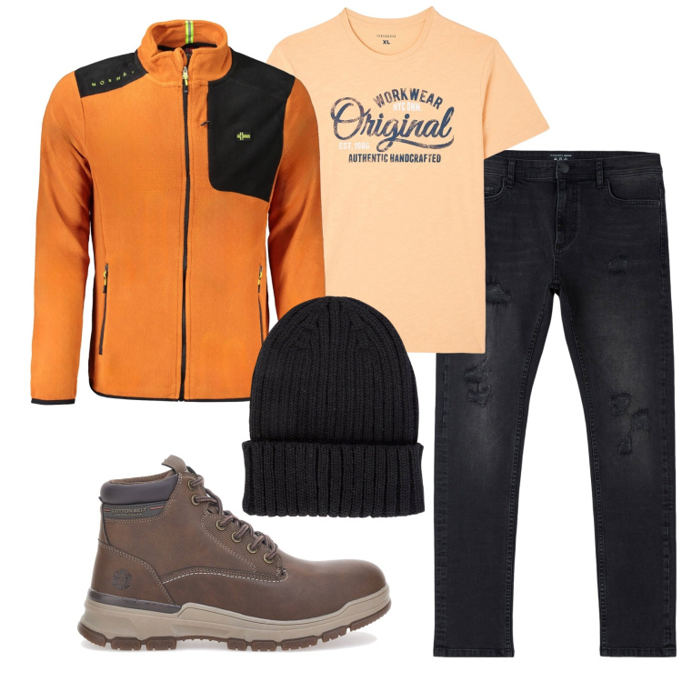 Outfit uomo - Arancio autunno. Stile Urban per Tutti i giorni. Abbinamento con jeans strappati, t-shirt, stivali e stivaletti, felpe, berretti.