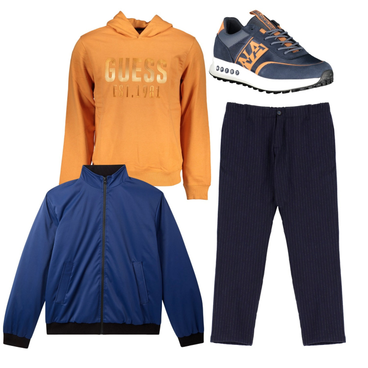 Outfit uomo - Albicocca e blu. Stile Casual per Tutti i giorni. Abbinamento con giacche, pantaloni, felpe con cappuccio, sneakers.