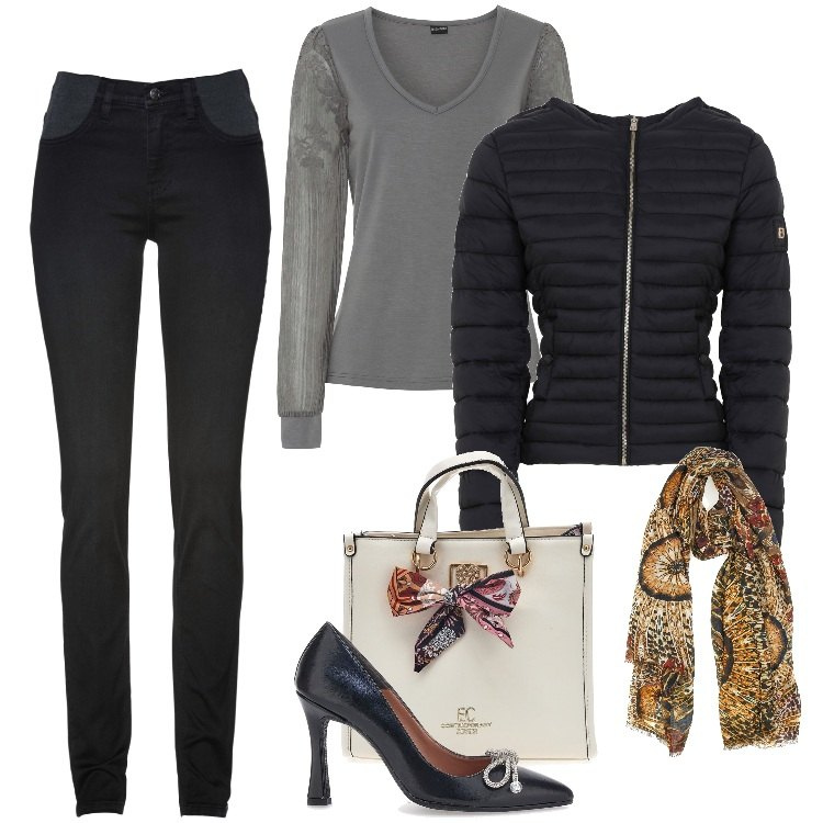Outfit donna - Total look #1999117. Stile Romantica per Ufficio. Abbinamento con jeans skinny, pullovers, piumini, décolleté, borse a mano, foulard.