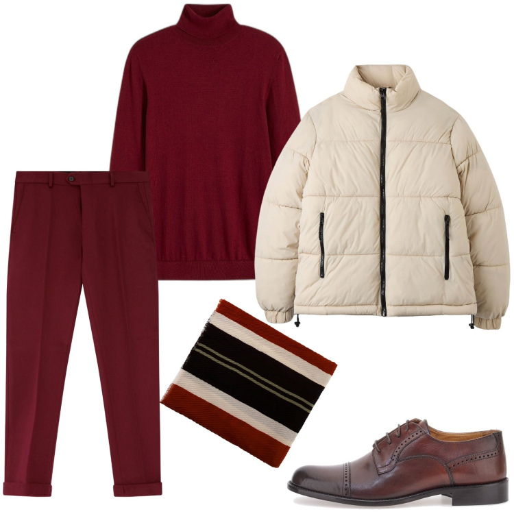 Outfit uomo - Il Borgogna per novembre. Stile Trendy per Ufficio. Abbinamento con maglieria, piumini, pantaloni, sciarpe e foulard, scarpe stringate.