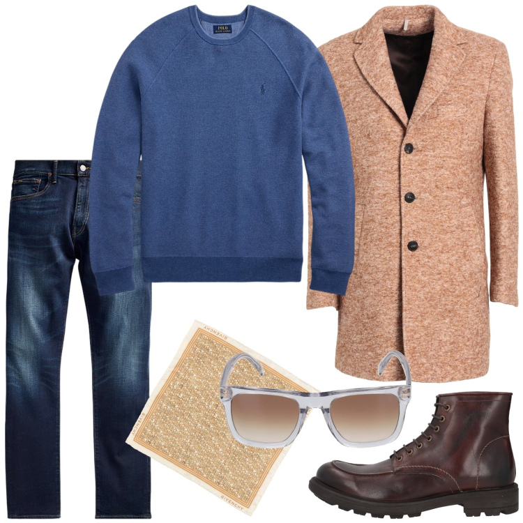 Outfit uomo - Look comfy-chic. Stile Urban per Ufficio. Abbinamento con stivali e stivaletti, sciarpe, cappotti, jeans, maglieria, occhiali da sole.