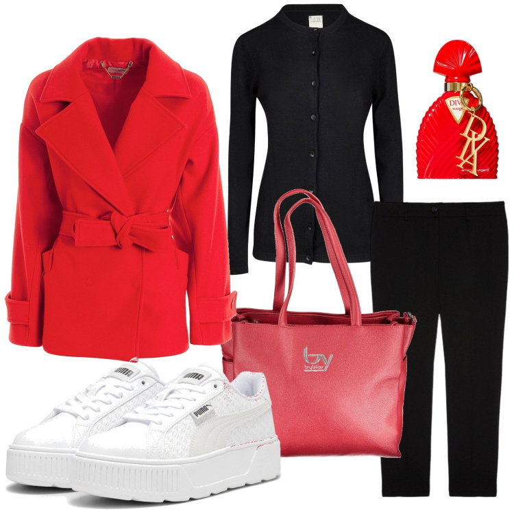 Outfit donna - Cappotto rosso classico. Stile Bon Ton per Tutti i giorni. Abbinamento con profumi, cappotti, sneakers, pantaloni, cardigans, borse a spalla.