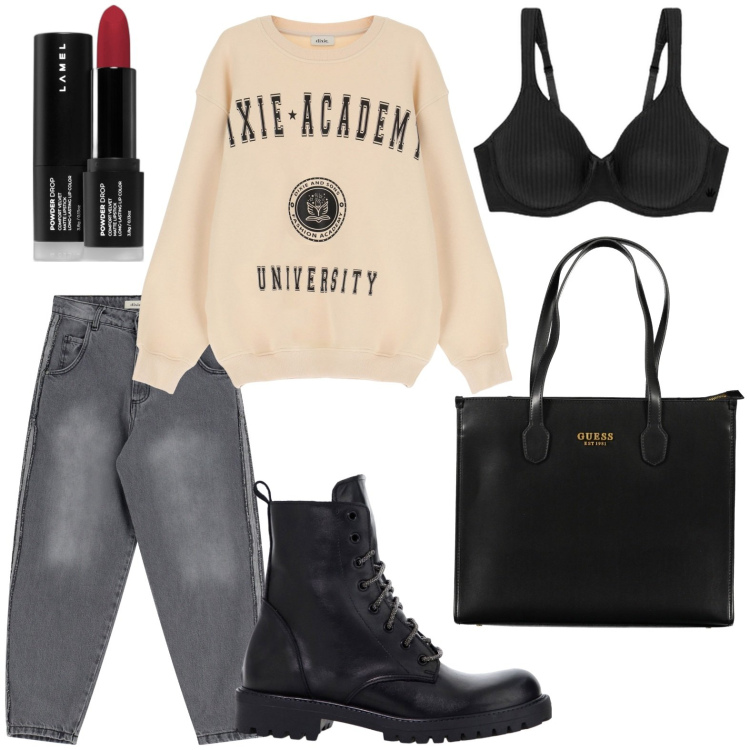 Outfit donna - Stile anni 90. Stile Glamour per Scuola/Università. Abbinamento con rossetti, stivaletti, jeans, felpe, borse a spalla, reggiseni.
