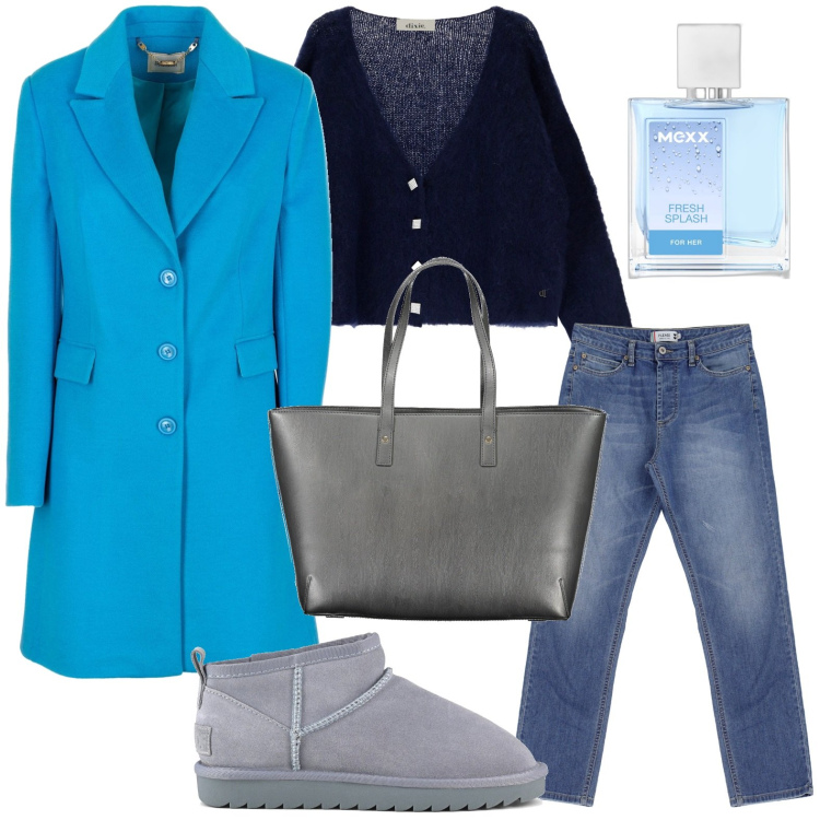 Outfit donna - Il cappotto colorato. Stile Chic per Tutti i giorni. Abbinamento con profumi, cappotti, jeans dritti, cardigans, stivali, borse a spalla.