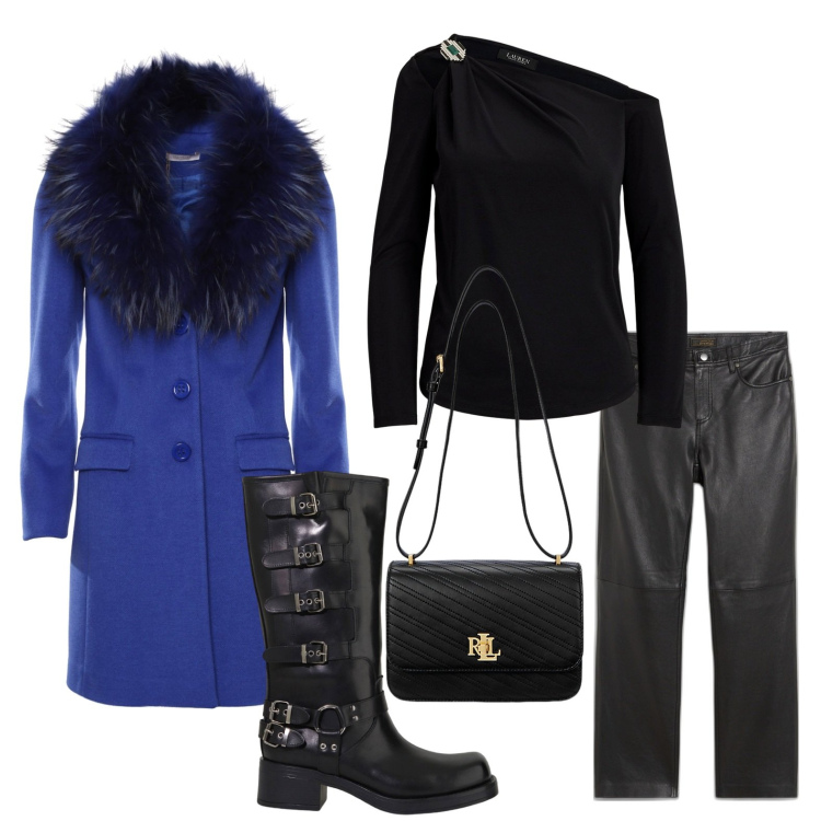 Outfit donna - Cappotto blu indaco. Stile Chic per Serata fuori. Abbinamento con pantaloni, stivali, cappotti, borse a spalla, maglieria.