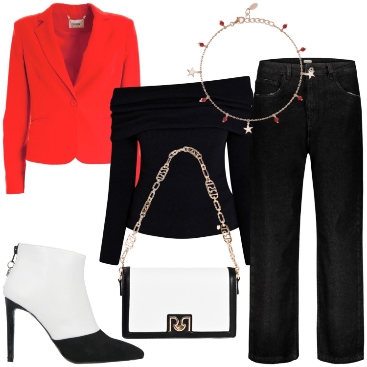 Outfit donna - Total look #1999150. Stile Casual per Tutti i giorni. Abbinamento con stivaletti, braccialetti con ciondoli, maglieria, borse a tracolla, blazer, jeans.