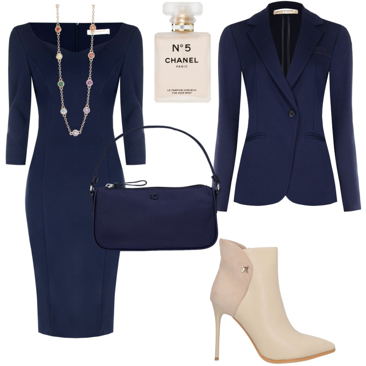 Outfit donna - Dall\'ufficio alla cena fuori. Stile Chic per Tutti i giorni. Abbinamento con stivaletti, profumi, collane, vestiti a tubino, blazer, pochette.