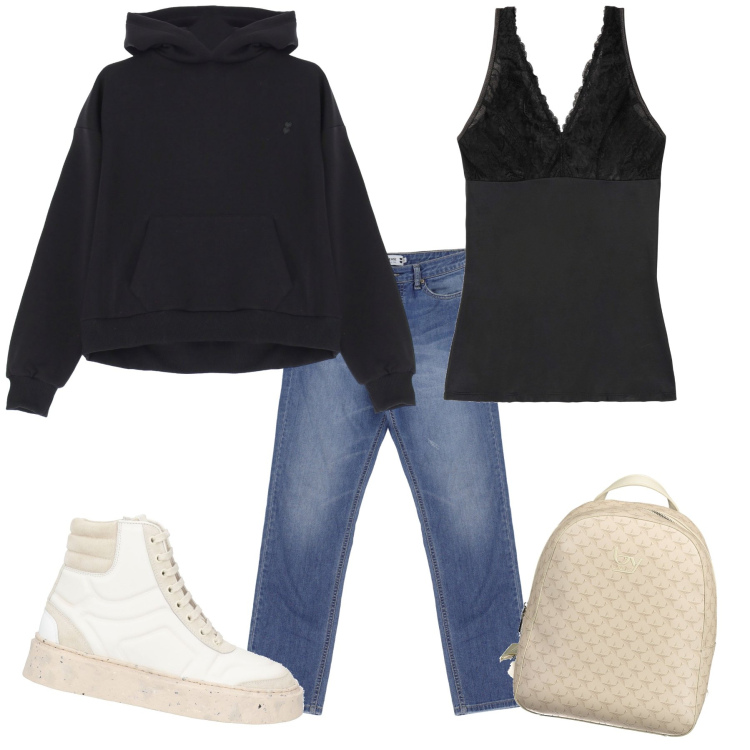 Outfit donna - La felpa oversize. Stile Casual chic per Tutti i giorni. Abbinamento con top, sneakers alte, felpe con cappuccio, jeans dritti, zaini.