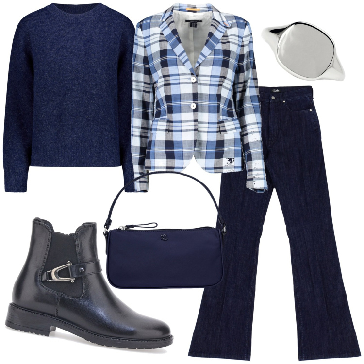 Outfit donna - In ufficio. Stile Casual per Ufficio. Abbinamento con anelli, jeans, pochette, stivaletti chelsea, maglieria, blazer.