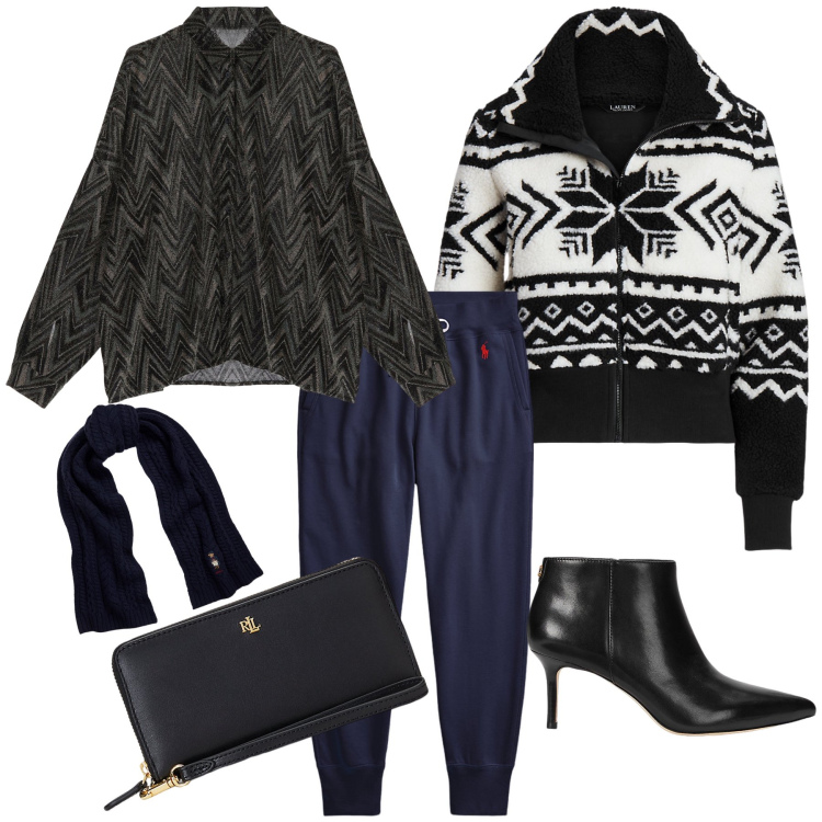 Outfit donna - Ristorante di montagna. Stile Trendy per Serata fuori. Abbinamento con bluse, sciarpe, blazer, pochette, pantaloni, stivaletti.