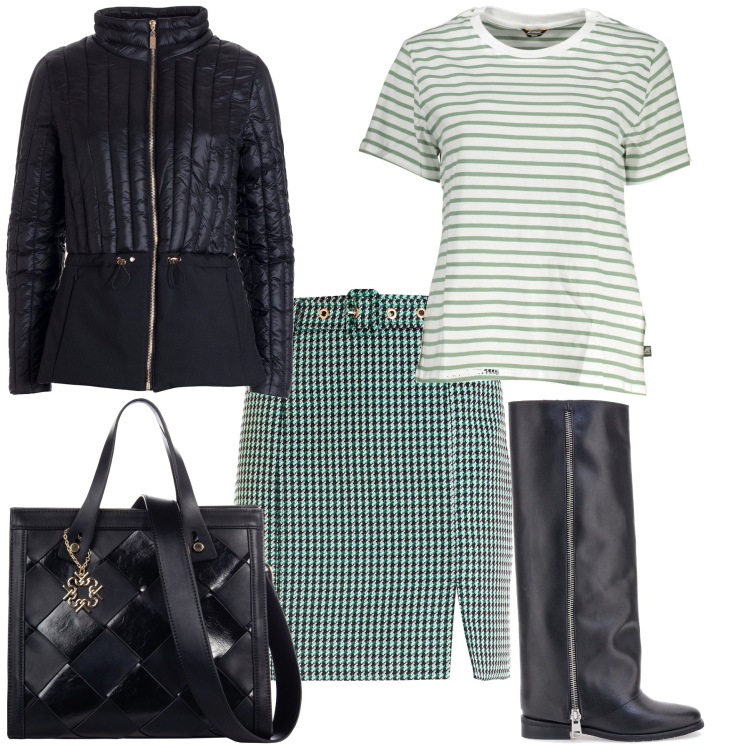 Outfit donna - Total look. Stile Urban per Ufficio. Abbinamento con borse a mano, piumini, gonne, stivali, t-shirt.
