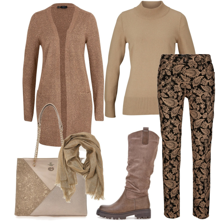 Outfit donna - Sfumature invernali. Stile Casual per Tutti i giorni. Abbinamento con pantaloni, maglieria, cardigans, stivali, borse a spalla, foulard.