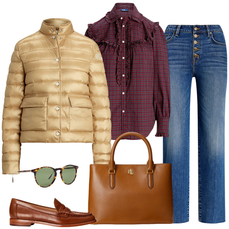 Outfit donna - Mocassini ogni giorno. Stile Mannish per Scuola/Università. Abbinamento con mocassini, jeans dritti, piumini, occhiali da sole, borse a mano, camicie.
