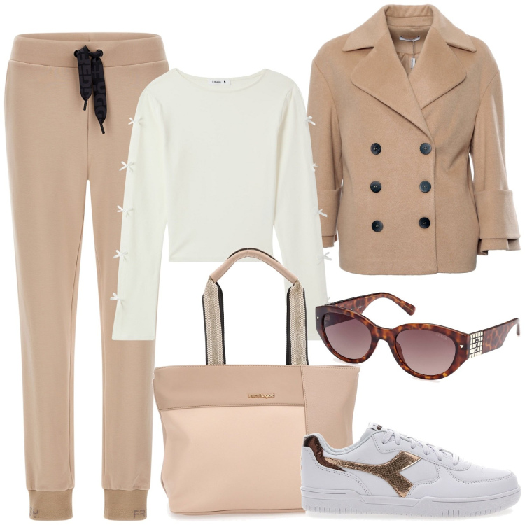 Outfit donna - Total look #1999179. Stile Basic per Tutti i giorni. Abbinamento con t-shirt, cappotti, pantaloni, sneakers, occhiali da sole, borse a spalla.