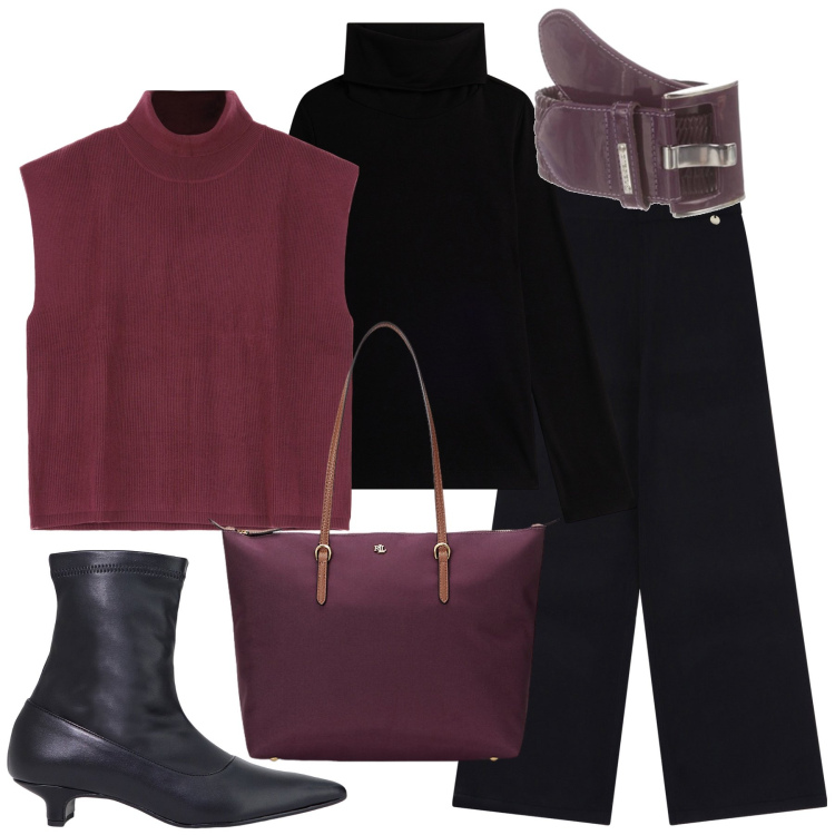 Outfit donna - Nero e viola. Stile Casual per Ufficio. Abbinamento con maglieria, pantaloni a palazzo, stivaletti, maglieria, borse tote, cinture.