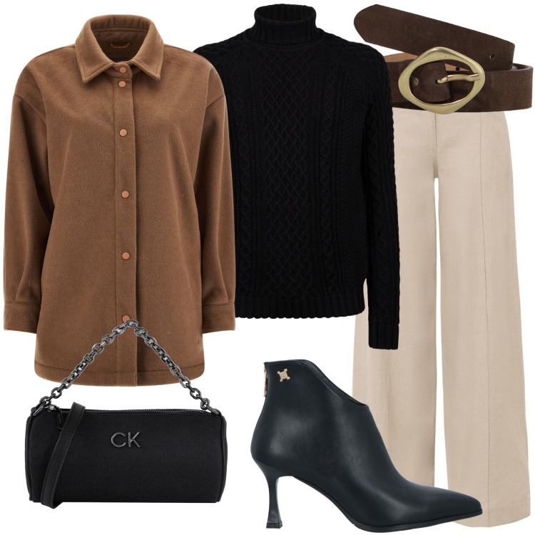 Outfit donna - Nero e marrone. Stile Casual per Ufficio. Abbinamento con pantaloni a palazzo, stivaletti, borse a mano, cappotti, cinture, maglieria.