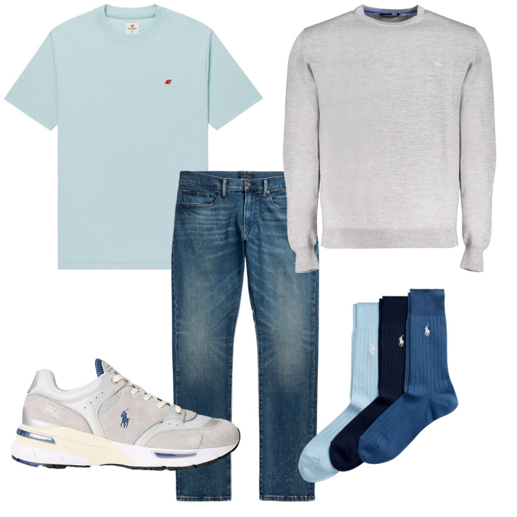 Outfit uomo - Total look #1999194. Stile Casual per Tutti i giorni. Abbinamento con t-shirt, calzini, jeans, sneakers, maglieria.