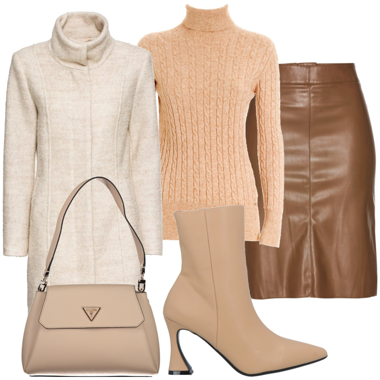 Outfit donna - Sfumature di marrone. Stile Casual per Ufficio. Abbinamento con gonne longuette, cappotti, stivaletti, maglieria, borse a spalla.