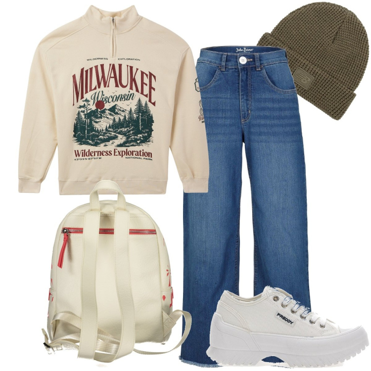 Outfit donna - Stile anni 90. Stile Casual per Tutti i giorni. Abbinamento con jeans, felpe, berretti, sneakers, zaini.