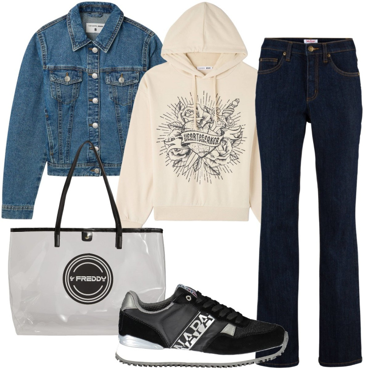 Outfit donna - I mitici anni 90. Stile Casual per Tutti i giorni. Abbinamento con jeans, felpe con cappuccio, blazer, shopping bag, sneakers.