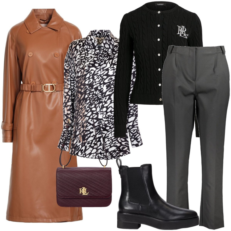 Outfit donna - Gioco di sovrapposizioni. Stile Trendy per Ufficio. Abbinamento con trench, camicie, cardigans, borse a spalla, stivaletti chelsea, pantaloni.