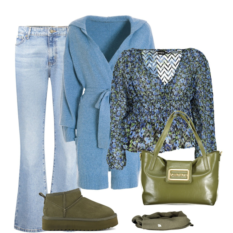Outfit donna - Idea d\' autunno. Stile Casual per Tutti i giorni. Abbinamento con cardigans, stivaletti, jeans dritti, maglieria, borse a spalla, sciarpe.