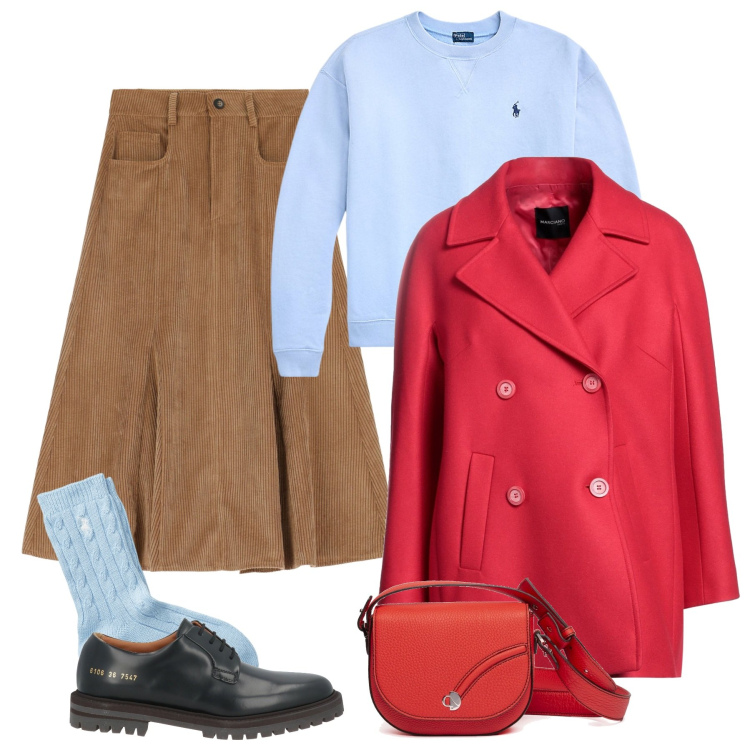Outfit donna - In velluto. Stile Urban per Tutti i giorni. Abbinamento con caban, scarpe stringate, gonne longuette, pullovers, calzini, borse a tracolla.