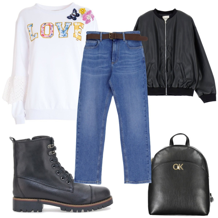 Outfit donna - Lo stile degli Anni \'90. Stile Trendy per Tutti i giorni. Abbinamento con jeans dritti, bomber, felpe, anfibi, zaini.