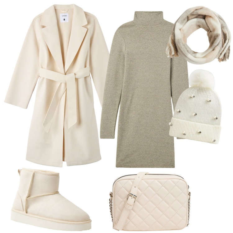 Outfit donna - Black Friday in bianco. Stile Casual chic per Tutti i giorni. Abbinamento con berretti, cappotti, vestiti corti, sciarpe, borse a tracolla, stivali.