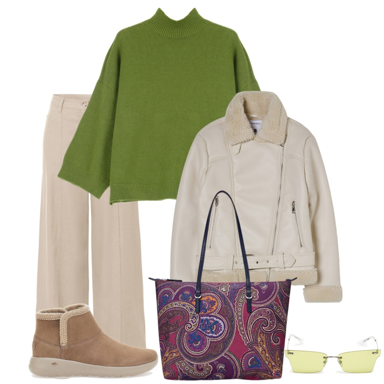 Outfit donna - Lineare quanto basta. Stile Casual chic per Tutti i giorni. Abbinamento con pantaloni a palazzo, blazer, pullovers, borse tote, stivaletti, occhiali da sole.