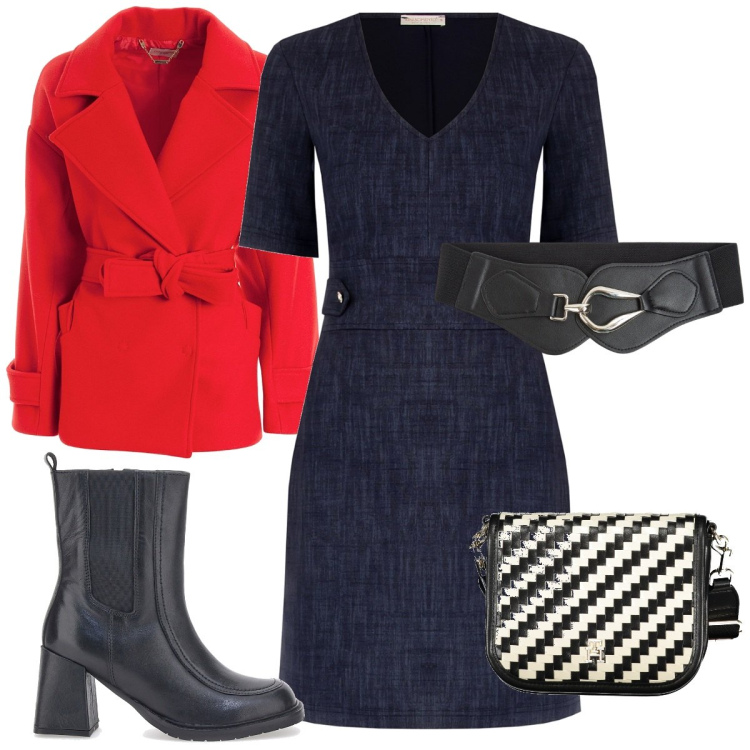 Outfit donna - Il cappotto rosso a novembre. Stile Trendy per Tutti i giorni. Abbinamento con cinture, vestiti corti, cappotti, stivaletti chelsea, borse a tracolla.