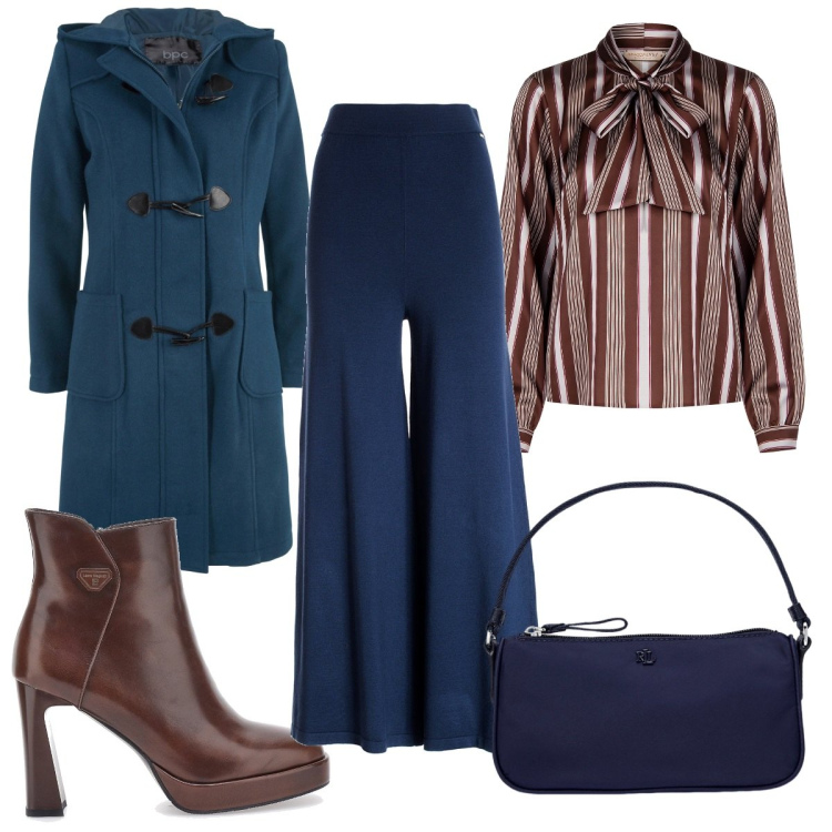 Outfit donna - Il cappotto blu è trendy. Stile Trendy per Tutti i giorni. Abbinamento con montgomery, bluse, pantaloni, pochette, stivaletti.