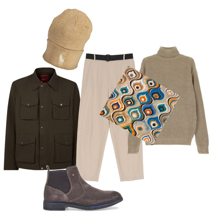 Outfit uomo - Il maglione oversize e la sciarpa pavone. Stile Trendy per Tutti i giorni. Abbinamento con sciarpe, maglieria, pantaloni, stivali e stivaletti, berretti, giacche.