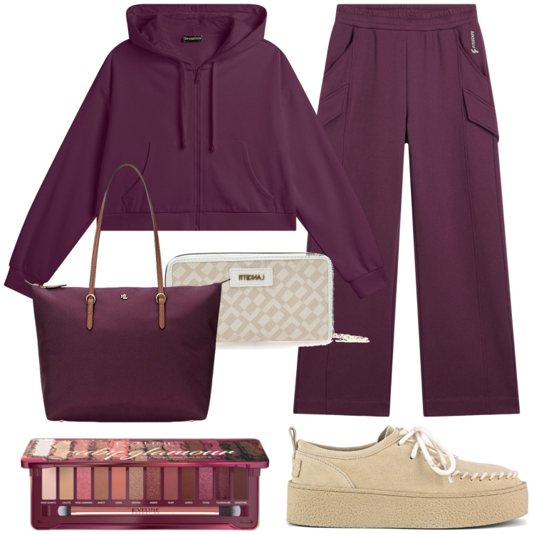 Outfit donna - Total look #1999460. Stile Casual per Tutti i giorni. Abbinamento con ombretti, felpe con cappuccio, pantaloni, borse tote, mocassini, portafogli.
