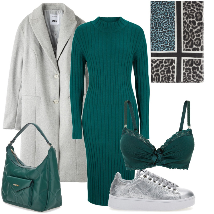 Outfit donna - Total look #1999510. Stile Casual per Ufficio. Abbinamento con vestiti midi/longuette, reggiseni, cappotti, sciarpe, borse a spalla, sneakers.