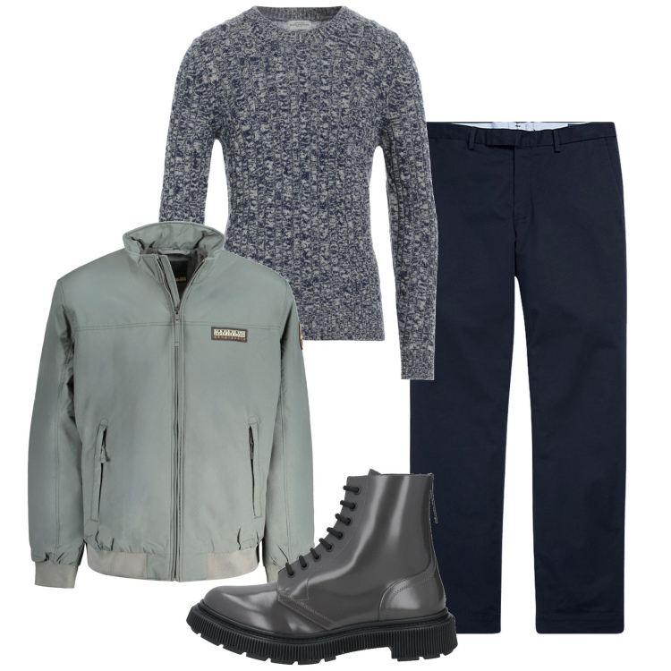 Outfit uomo - Un pullover aderente. Stile Casual per Tutti i giorni. Abbinamento con pullovers, anfibi, pantaloni chino, giacche.