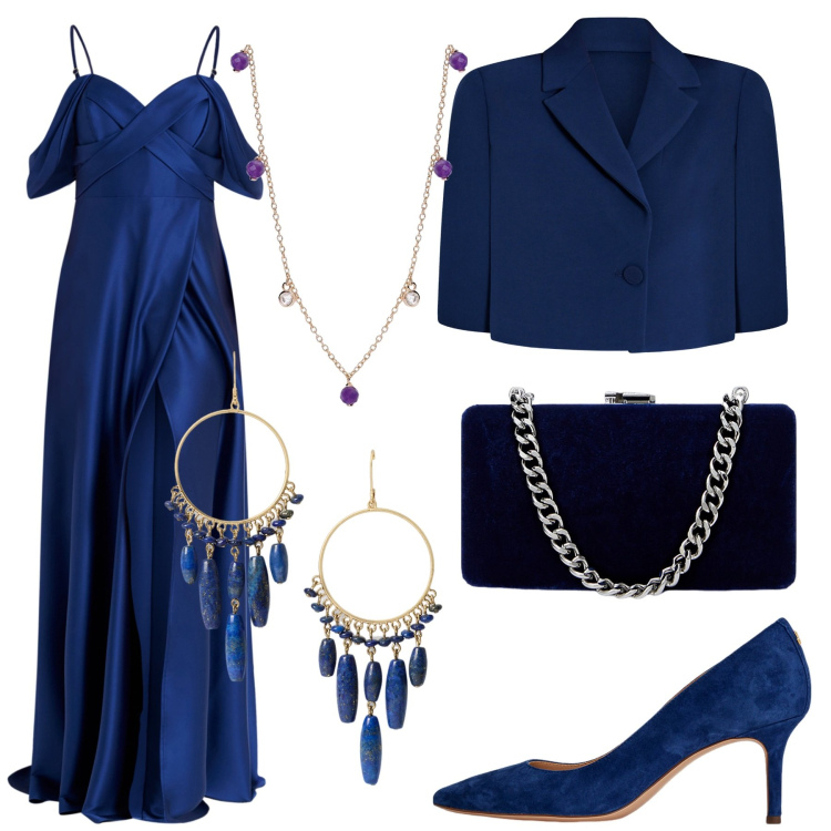 Outfit donna - Total look #1999574. Stile Chic per Cerimonia. Abbinamento con collane, cappe, vestiti lunghi, décolleté, orecchini, clutch.