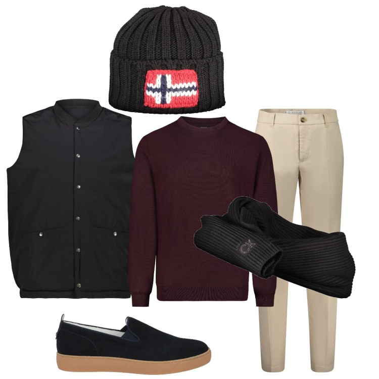 Outfit uomo - Pull borgogna colore autunnale. Stile Trendy per Tutti i giorni. Abbinamento con sneakers, maglieria, gilet, pantaloni, sciarpe, berretti.