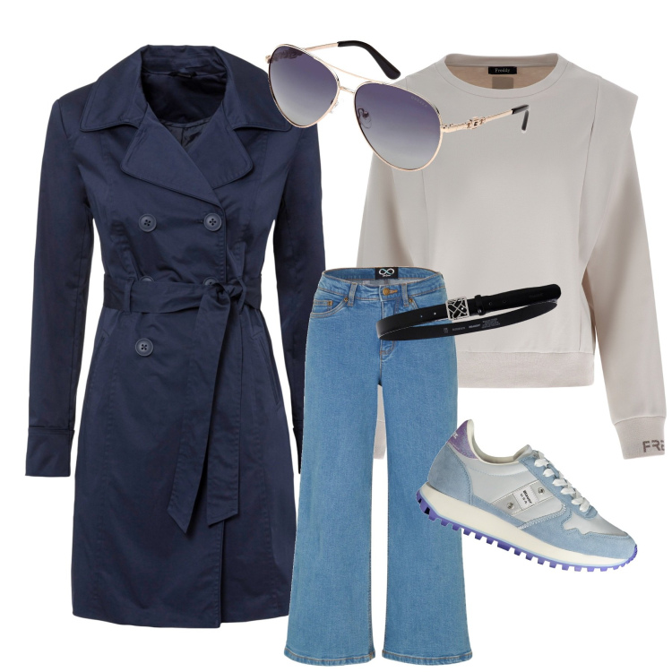 Outfit donna - Il soprabito. Stile Casual per Tutti i giorni. Abbinamento con trench, jeans, cinture, maglieria, sneakers, occhiali da sole.