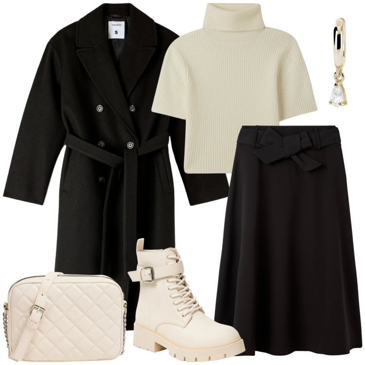 Outfit donna - Terranova Black Friday. Stile Casual chic per Serata fuori. Abbinamento con orecchini, maglieria, gonne lunghe, anfibi, cappotti, borse a tracolla.