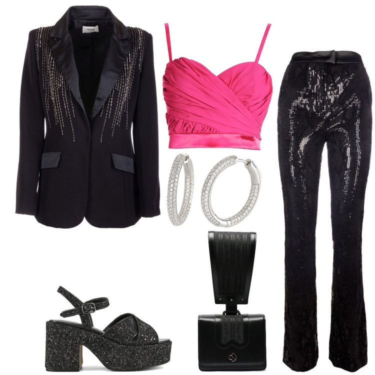 Outfit donna - Total look #1999684. Stile Glamour per Serata fuori. Abbinamento con orecchini, pantaloni, blazer, top, sandali, borse a mano.