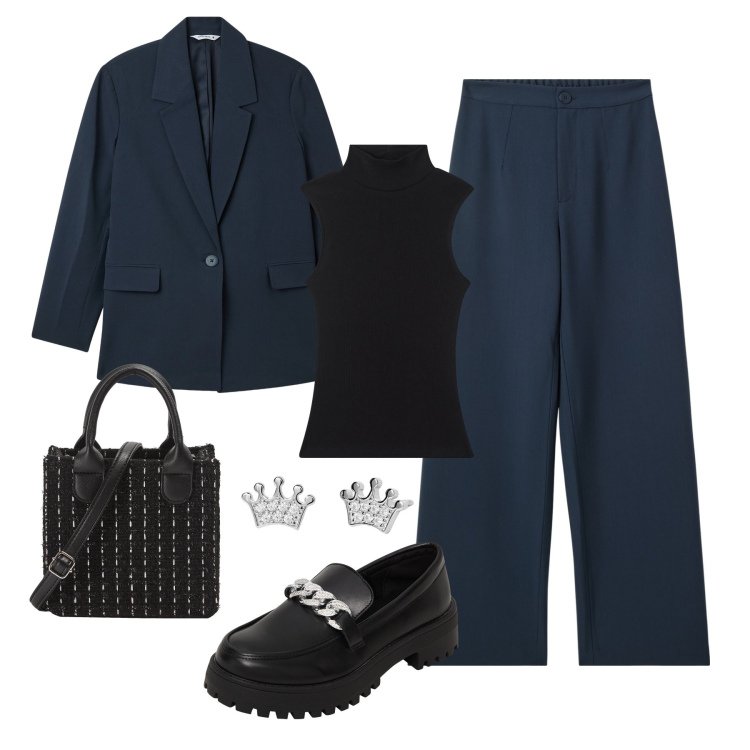 Outfit donna - Blu e nero si può. Stile Casual chic per Ufficio. Abbinamento con blazer, mocassini, pantaloni, top, shopping bag, orecchini.