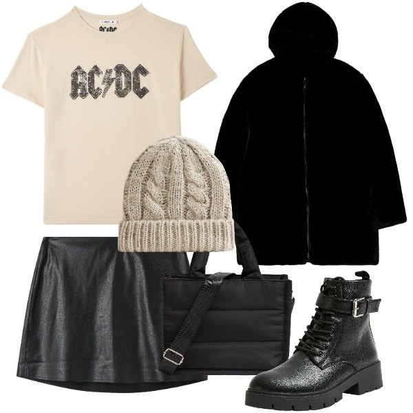 Outfit donna - Terranova rock. Stile Rock per Scuola/Università. Abbinamento con shopping bag, t-shirt, ecopellicce, anfibi, minigonne, berretti.