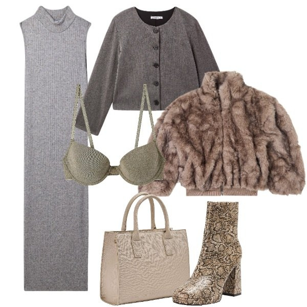 Outfit donna - Terranova - Black Friday. Stile Trendy per Tutti i giorni. Abbinamento con vestiti senza maniche, ecopellicce, blazer, reggiseni, shopping bag, stivaletti.